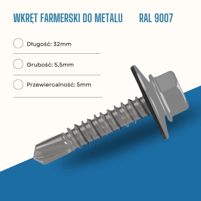 Wkręt farmerski do metalu 5,5x32 mm przewiercalność 5 mm w kolorze RAL 9007